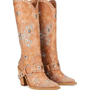 Vegan Leather Grommet Butterfly Detailing Western Boot Size 10